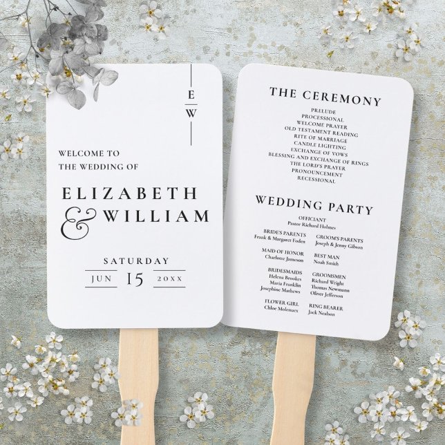 Abanico Programa De Boda En Monograma Elegante En Blanco Y (Black And White Elegant Monogram Wedding Program Hand Fan)