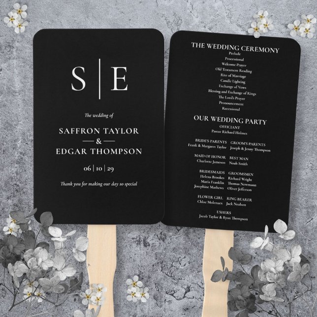 Abanico Programa De Boda En Monograma Negro Y Blanco (Black And White Monogram Wedding Program Hand Fan)
