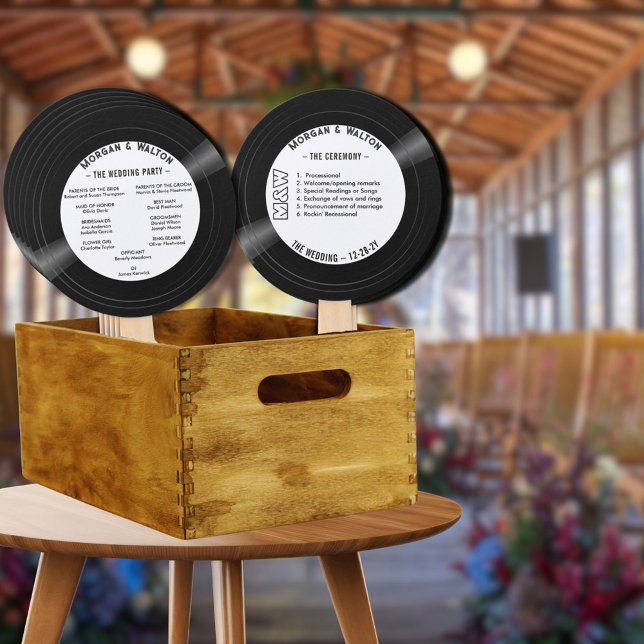 Abanico Programa de Boda en Monograma Vinyl Record Blanco (Vinyl record wedding program fans for your ceremony)