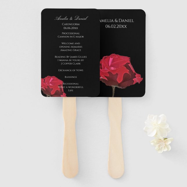 Abanico Programa de Boda en Negro con Rosa Roja Gótica (Anverso y reverso)