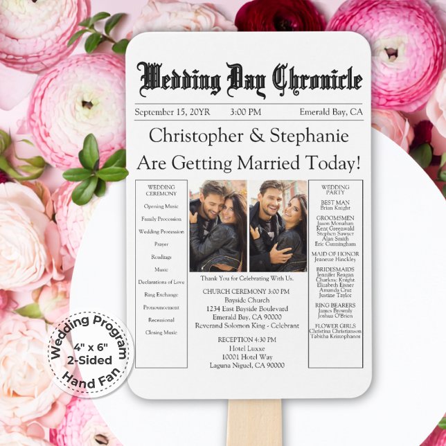 Abanico Programa de Boda en Periódico con Código QR Minima (Elegant Script Calligraphy QR code Timeline White Newspaper Wedding Program Hand Fan)