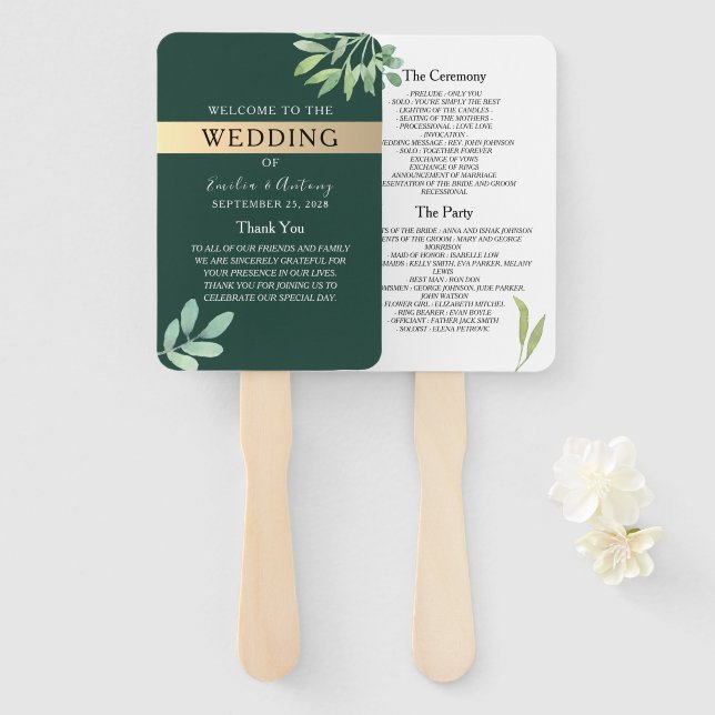 Abanico Programa de Boda Esmeralda Rústica (Anverso y reverso)