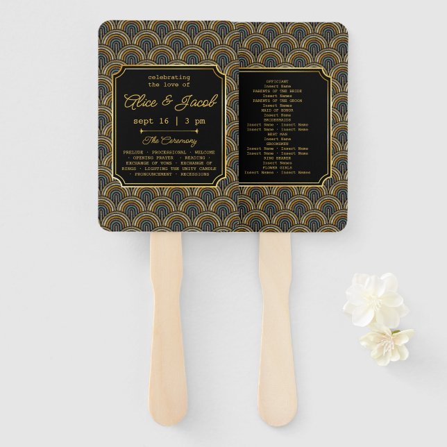 Abanico Programa de Boda Estilo Bordado Art Deco (Anverso y reverso)
