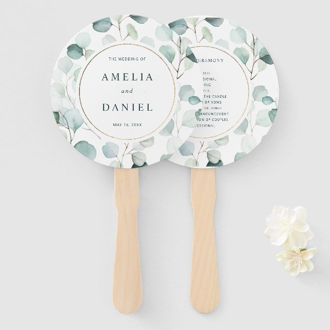 Abanico Programa de Boda Eteral Eucalyptus Gold Greenery (Anverso y reverso)