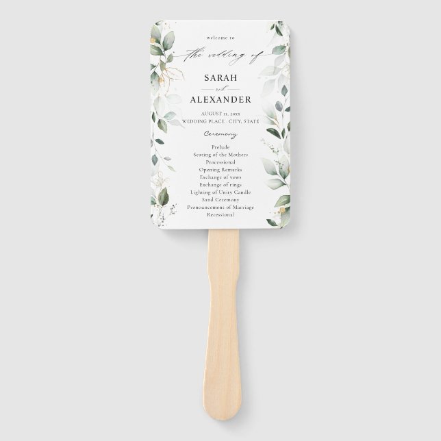 Abanico Programa de Boda Eucalyptus Glow Gold Greenery Wed (Anverso)