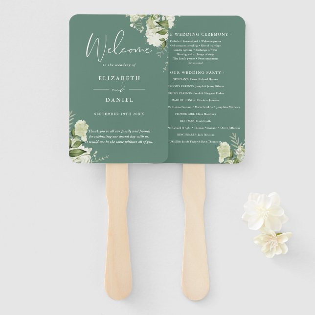 Abanico Programa de Boda Eucalyptus Green Floral Green Gre (Anverso y reverso)