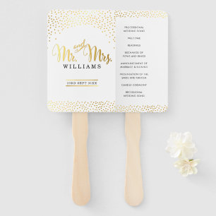 Abanico PROGRAMA DE BODA FAN mr y mrs moda gold confetti