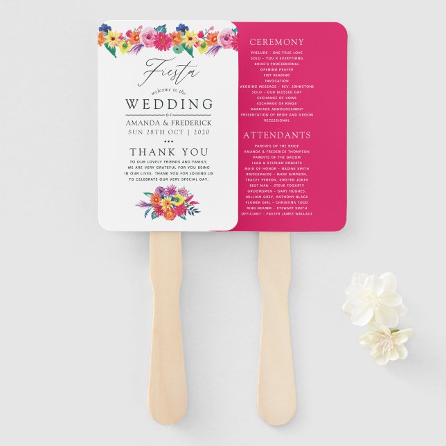 Abanico Programa de Boda Fiesta Floral Acuarela (Anverso y reverso)