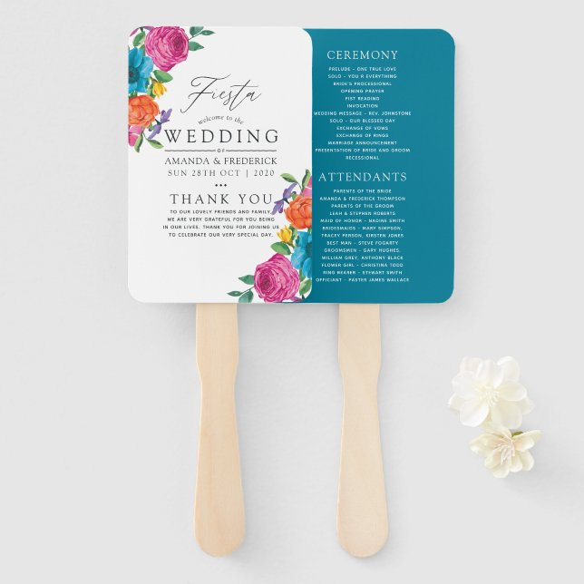 Abanico Programa de Boda Fiesta Floral Acuarela (Anverso y reverso)