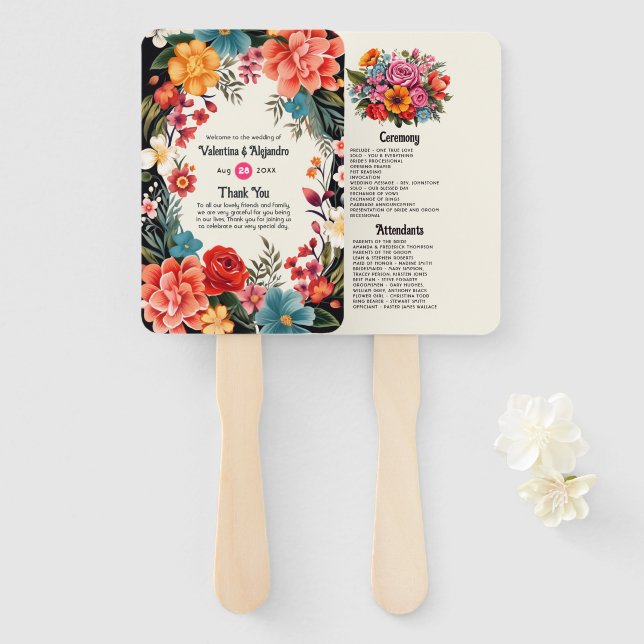 Abanico Programa de Boda Fiesta Floral con Acuarela Vibran (Anverso y reverso)