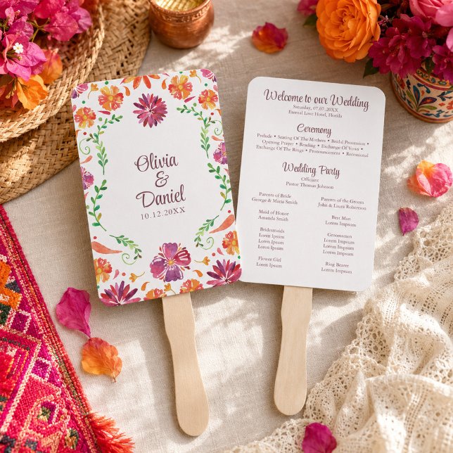 Abanico Programa de Boda Fiesta Floral Mexicana Colorida (Colorful Mexican Floral Fiesta Wedding Program Hand Fan)