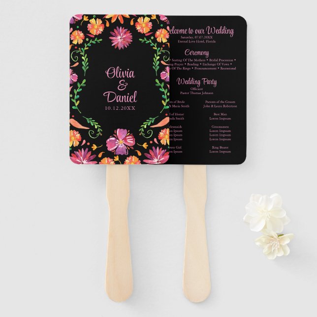 Abanico Programa de Boda Fiesta Floral Mexicana Negra (Anverso y reverso)
