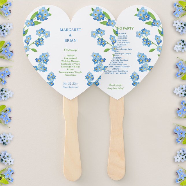 Abanico Programa de Boda Flora Silvestre Azul de Olvidme-M (Forget-Me-Nots Blue Watercolor Wedding Program Hand Fan)