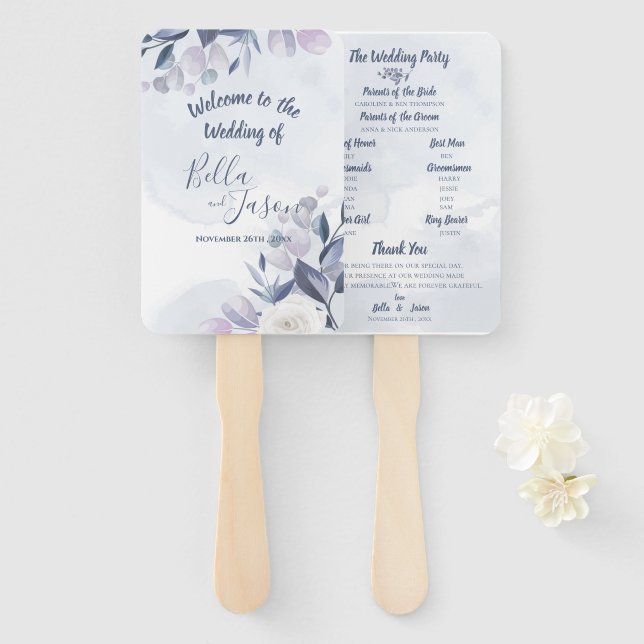 Abanico Programa de Boda Floral Acuarela Azul Polvo Lindo (Anverso y reverso)