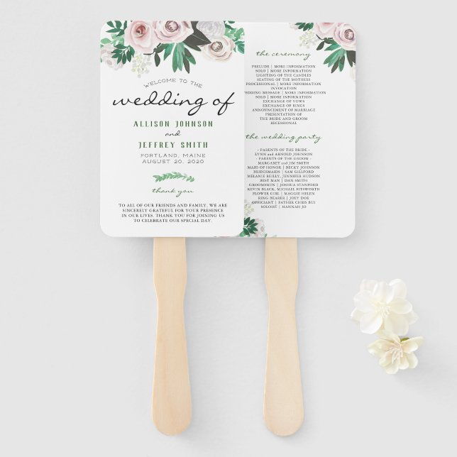 Abanico Programa de Boda Floral Acuarela Blanco Verde (Anverso y reverso)