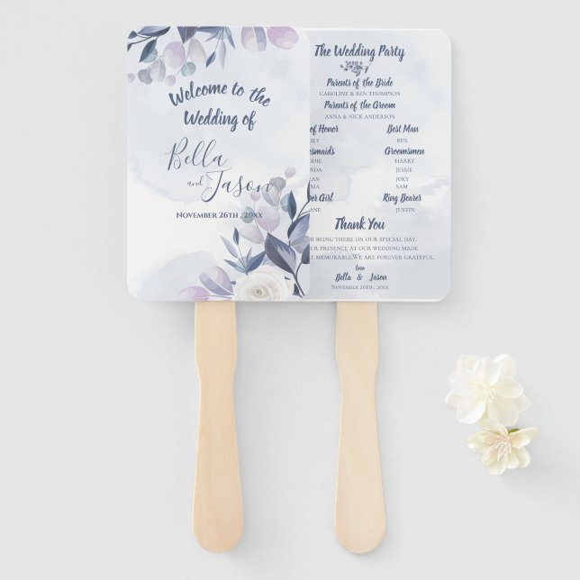 Abanico Programa de Boda Floral Acuarela Polvo Azul Bonito (Anverso y reverso)
