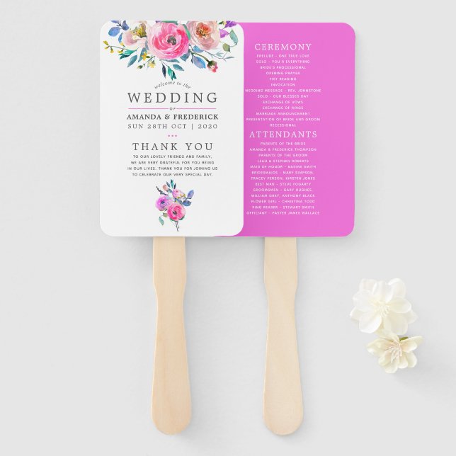 Abanico Programa de Boda Floral Acuarela Rosa Brillante (Anverso y reverso)