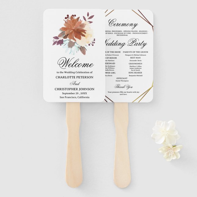 Abanico Programa de Boda Floral Acuarela Rústica Boho  (Anverso y reverso)