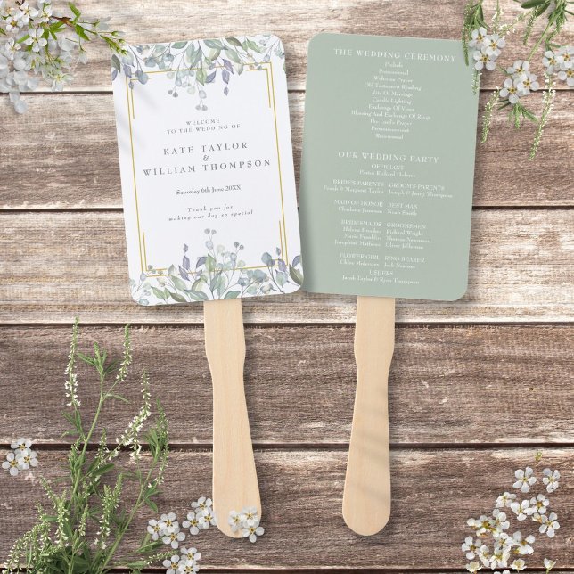 Abanico Programa de Boda Floral Acuarela Verde (Greenery Watercolor Floral Wedding Program Hand Fan)