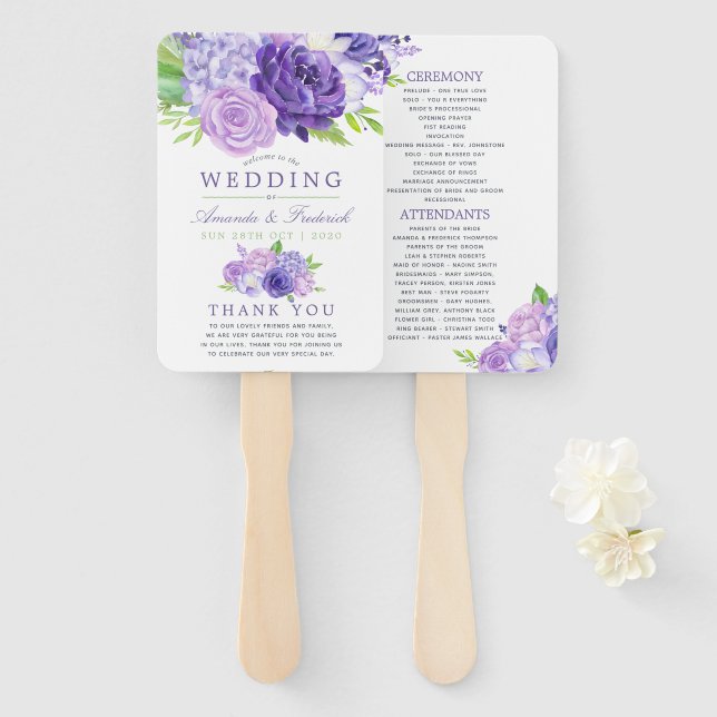 Abanico Programa de Boda Floral Acuarela Violeta Ultra (Anverso y reverso)