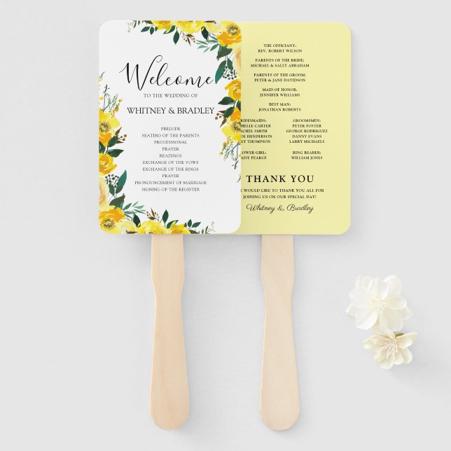 Abanico Programa de Boda Floral Amarillo de Verano (Anverso y reverso)