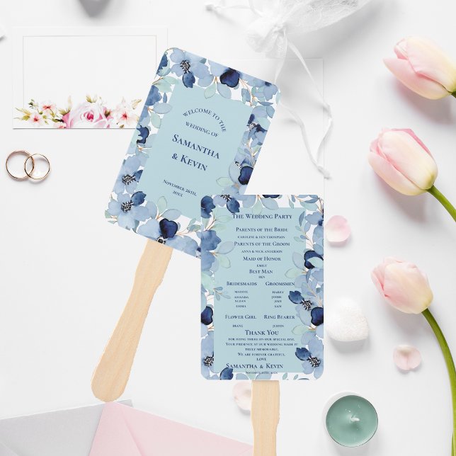 Abanico Programa de Boda Floral Azul de acuarela de bonito (Pretty Watercolor Blue Floral Wedding Program Hand Fan)