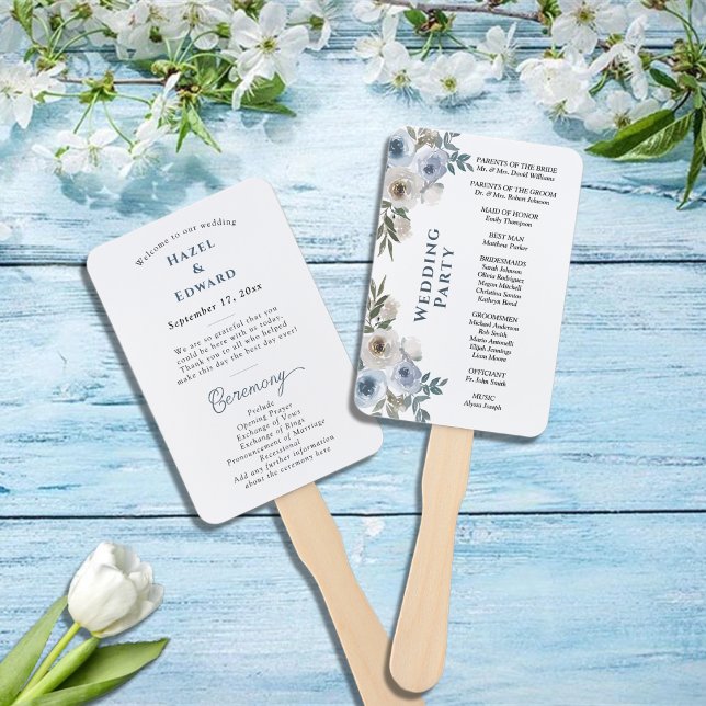 Abanico Programa de Boda Floral Azul Dusty Moderno (Modern Dusty Blue Floral Wedding Program Hand Fan)