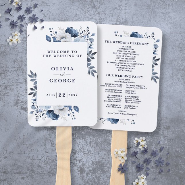 Abanico Programa de Boda Floral Azul Marino Elegante (Navy Blue Elegant Floral Wedding Program Hand Fan)