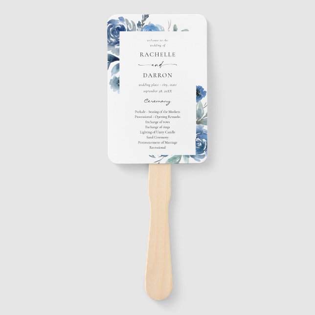 Abanico Programa de Boda Floral Azul y Azul Dusty (Anverso)