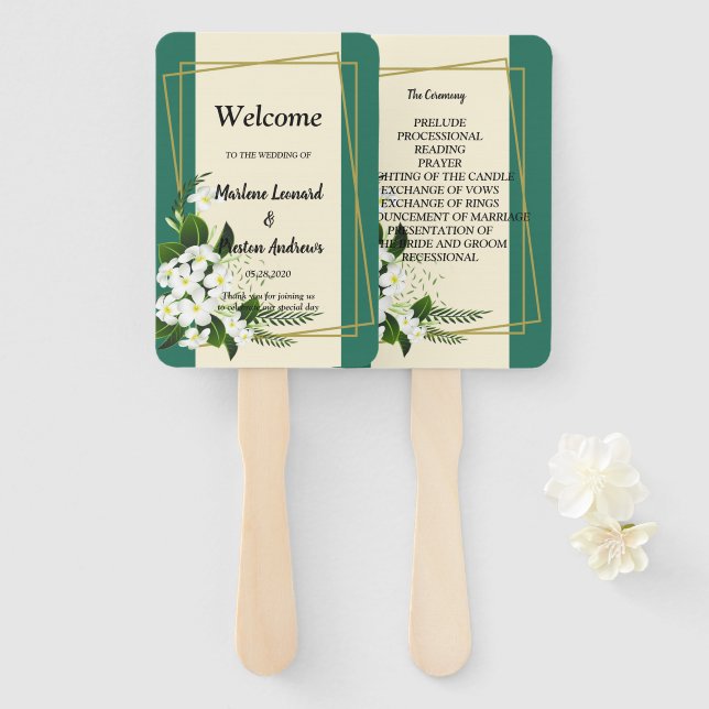 Abanico Programa de boda floral blanco elegante geométrico (Anverso y reverso)