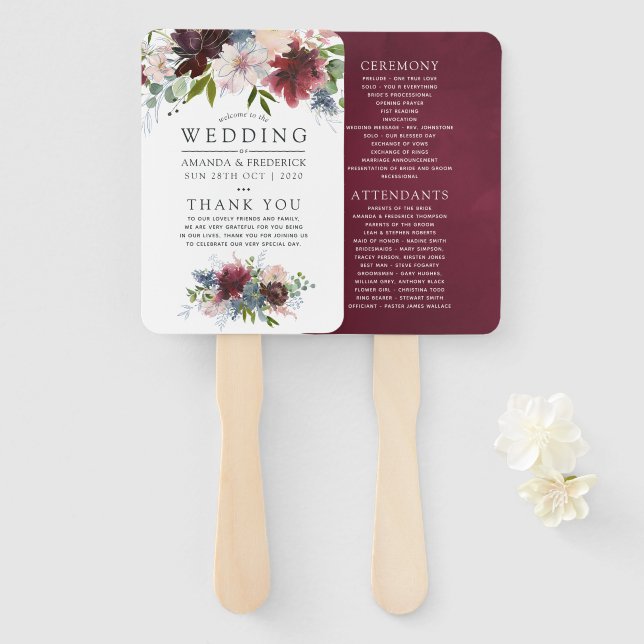 Abanico Programa de Boda Floral Borgoña y Azul Marino (Anverso y reverso)