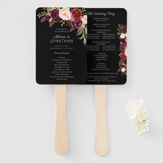 Abanico Programa de Boda Floral Burgundy Marsala Black V2 (Anverso y reverso)