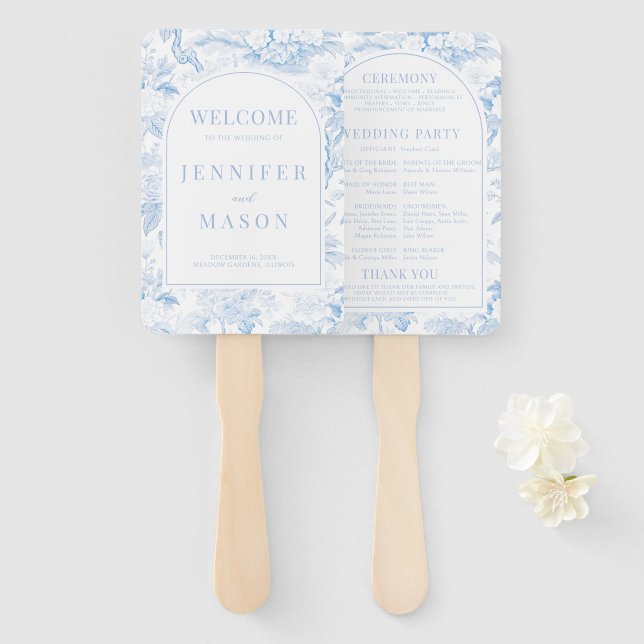 Abanico Programa de Boda Floral Chinoiserie Porcelana Azul (Anverso y reverso)