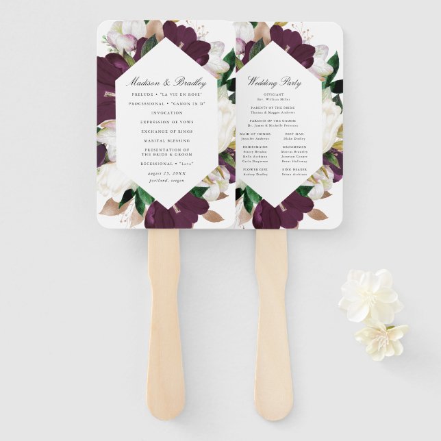 Abanico Programa de Boda Floral Ciruela Oscura | Personali (Anverso y reverso)