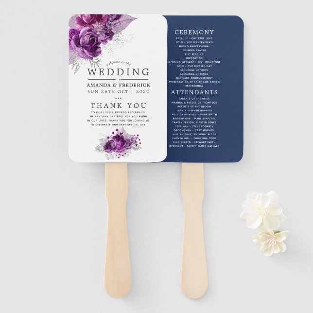 Abanico Programa de Boda Floral de Acuarela Ciruela y Azul (Anverso y reverso)