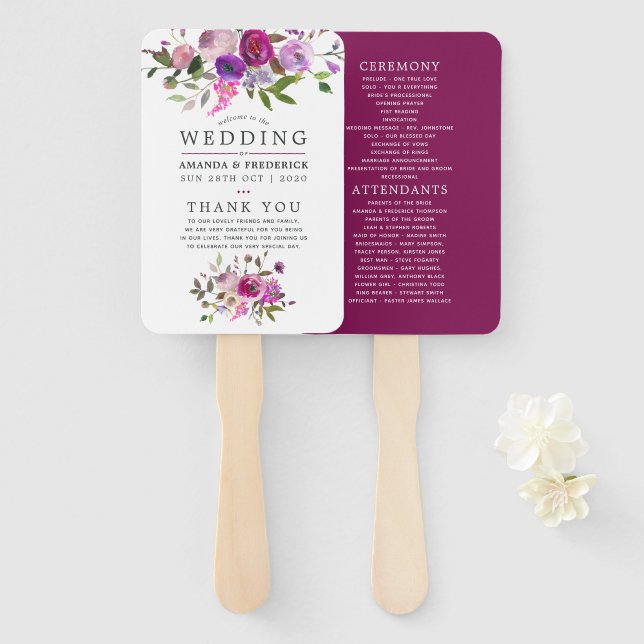 Abanico Programa de boda floral de acuarela de moda (Anverso y reverso)