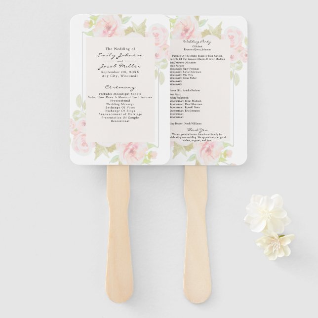 Abanico Programa de boda floral de acuarela rosa sonrosado (Anverso y reverso)