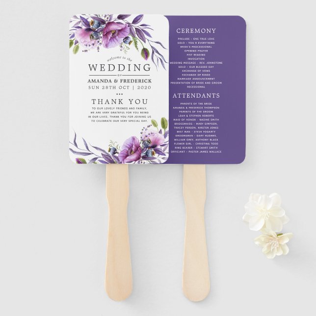 Abanico Programa de boda floral de amapola violeta acuarel (Anverso y reverso)