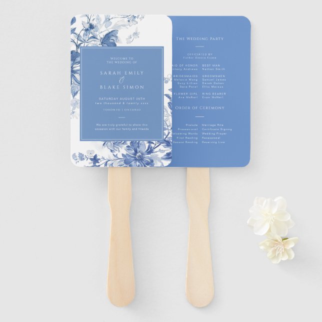 Abanico Programa de Boda Floral de Azules Franceses (Anverso y reverso)
