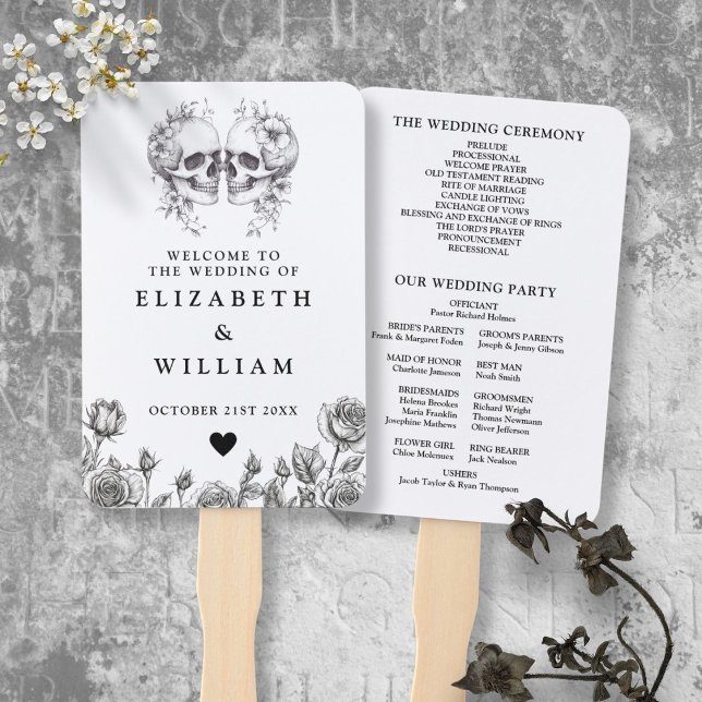 Abanico Programa de Boda Floral de Cránulos Góticos (Gothic Skulls Floral Wedding Program Hand Fan)
