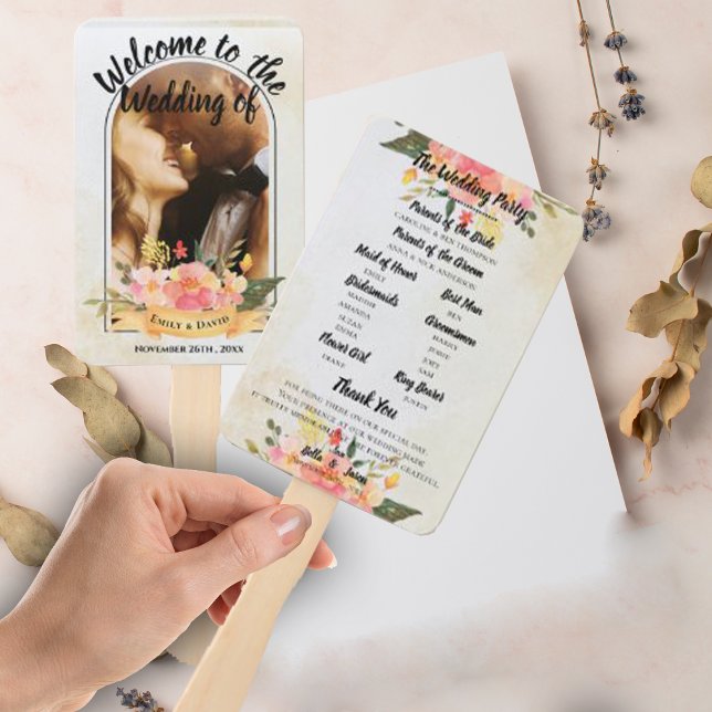 Abanico Programa de Boda Floral de Durazno Bonito BODA Lin (Wedding Program Pretty Peach Floral Cute WEDDING Hand Fan)