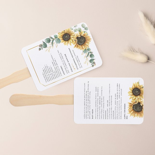 Abanico Programa de Boda Floral de Flores de Sol (Sunflower Eucalyptus Greenery Floral Wedding Program Hand Fan)