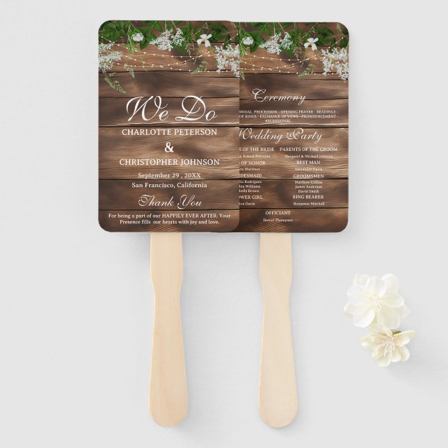 Abanico Programa de Boda Floral de Madera Rústica de Grane (Anverso y reverso)