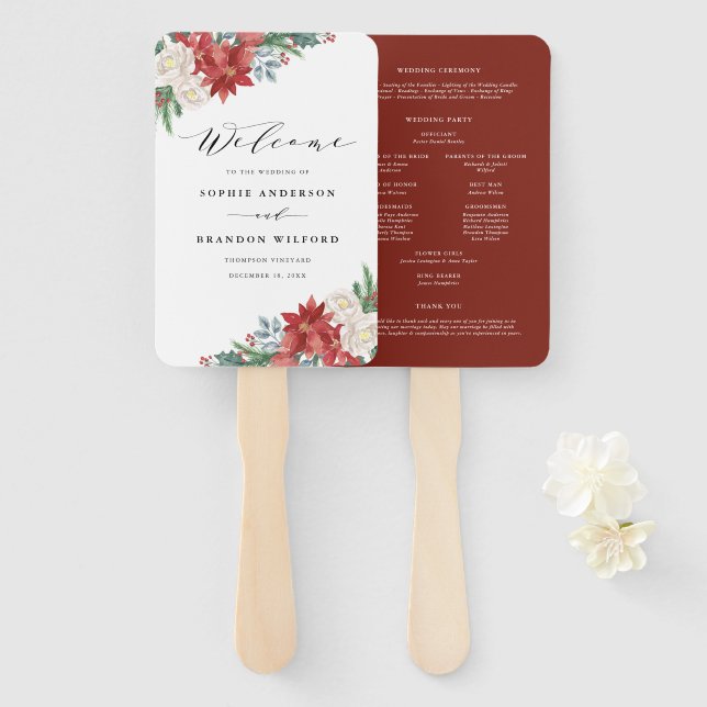 Abanico Programa de boda floral de Navidad en acuarela de  (Anverso y reverso)