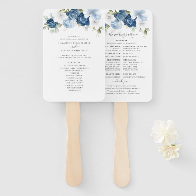 Abanico Programa de Boda Floral Dusty Blue Eucalyptus (Anverso y reverso)