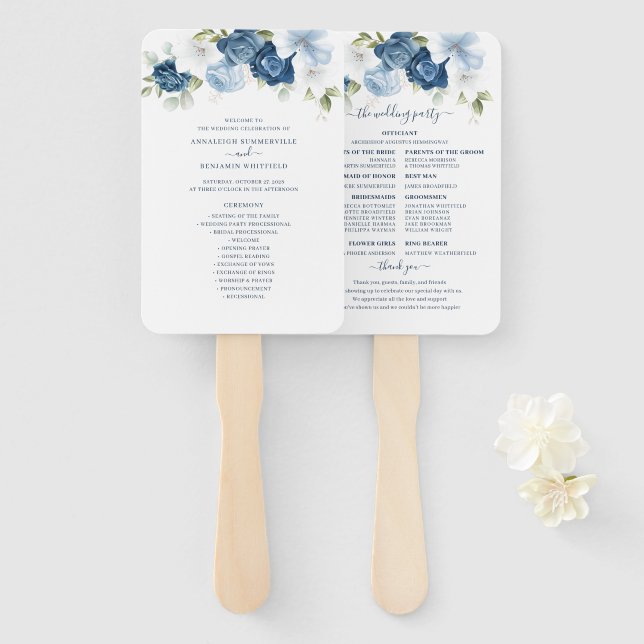 Abanico Programa de Boda Floral Dusty Blue Eucalyptus (Anverso y reverso)