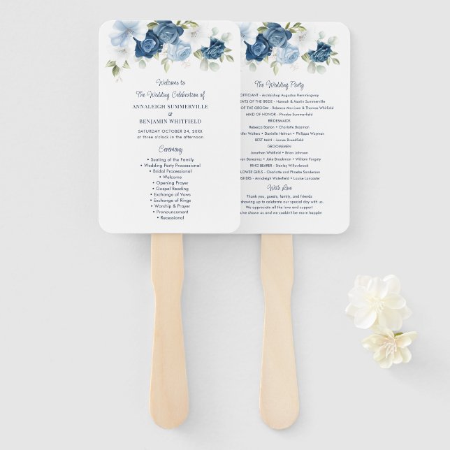Abanico Programa de Boda Floral Dusty Blue Script (Anverso y reverso)