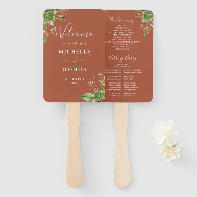 Abanico Programa de Boda Floral Elegante de Terracota con  (Anverso y reverso)