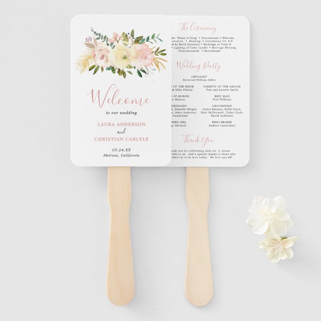 Abanico Programa de Boda Floral Elegante Rosa Sonrojado (Anverso y reverso)