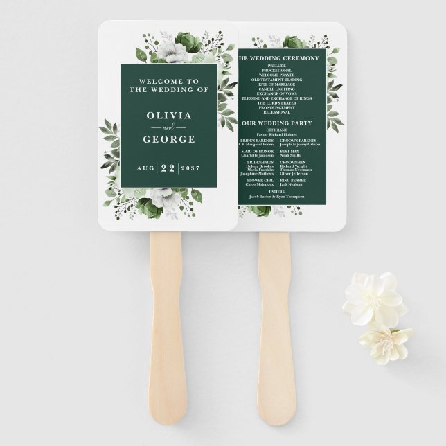 Abanico Programa de Boda Floral Elegante Verde Esmeralda (Anverso y reverso)
